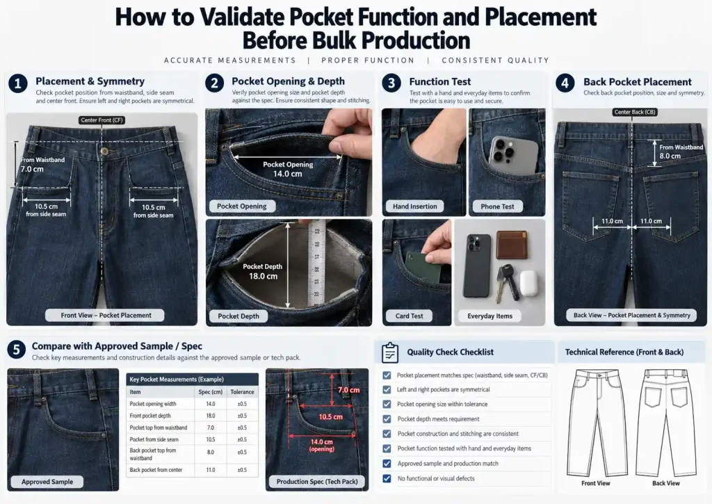 Garment pocket placement measurement using technical specifications and fixed reference points