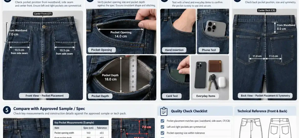 Garment pocket placement measurement using technical specifications and fixed reference points